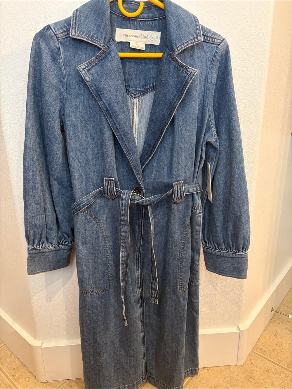 Treasure & Bond Denim Longline Trench Coat in Mid Blue